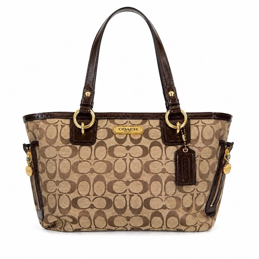 Coach Gallery Signature Tote F19249 Khaki Brown Leather Trim EUC Clean